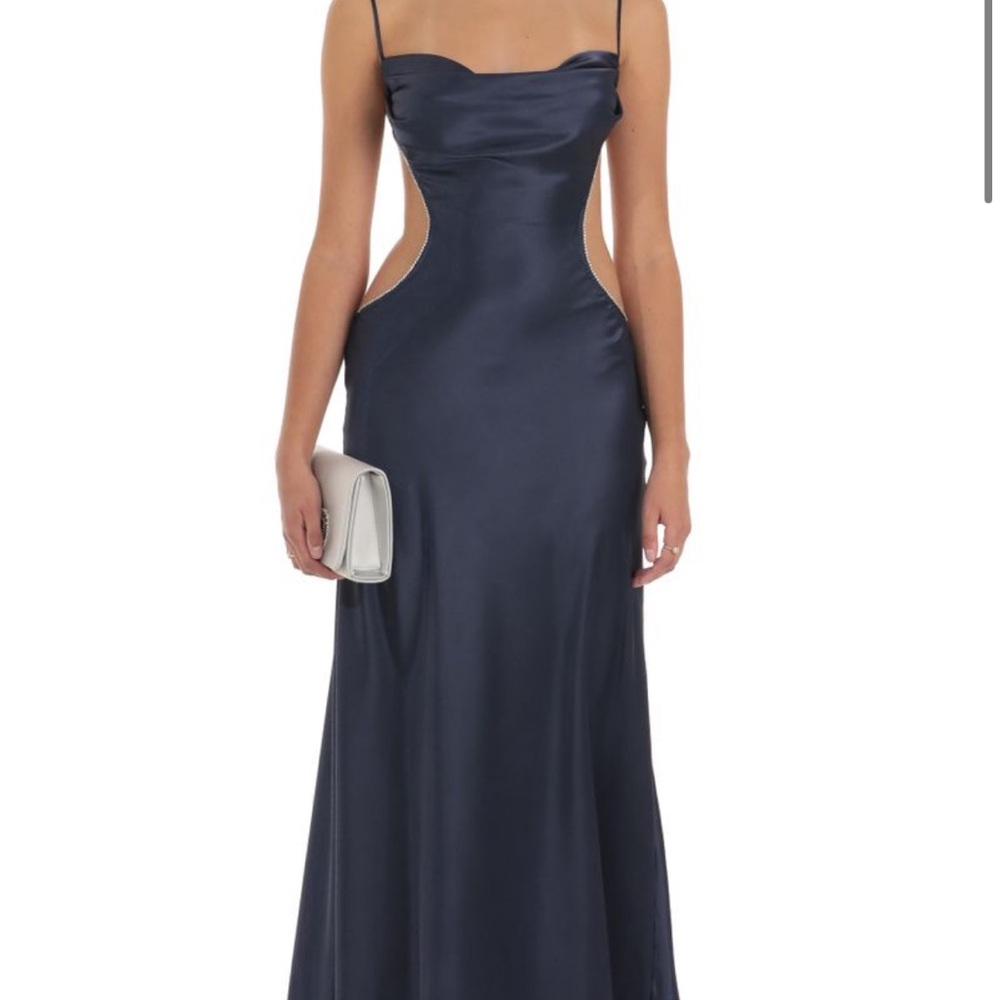 Lucy In The Sky Satin rhinestone maxi dress in navy